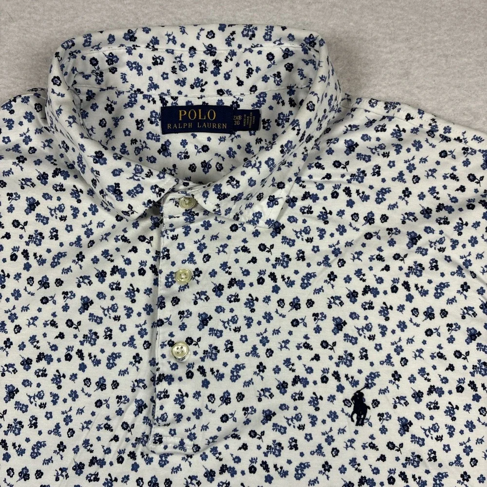 Polo Ralph Lauren Polo Shirt White Blue Floral Print Preppy Men 2XB Big Cotton